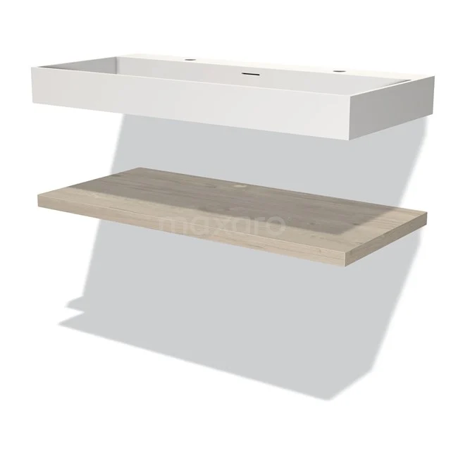 Weißes Badezimmermöbel mit Schublade und Eichenplatte, modernes schwebendes Design, ideal für kompakte Bäder.