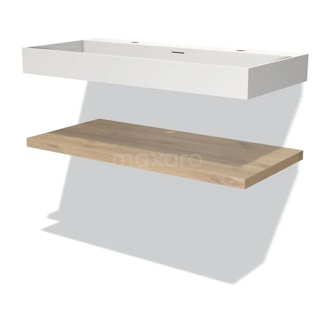 Badmöbel 100 cm Modulo Hellbraune Eiche 1 Waschbecken Top Waschbecken Solid Surface BMW10-00079 Weißes Holz-Badmöbel mit schwebender Eichen-Waschtischplatte, elegantes Design aus der Moderne Living-Serie.