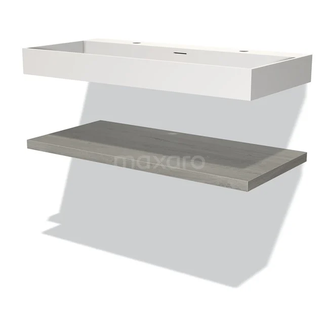 Badmöbel 100 cm Modulo Graue Eiche 1 Waschbecken Top Waschbecken Solid Surface BMW10-00082 Weißes Holz-Badezimmermöbel mit grauem Regal, schlichtes Design, ideal für moderne Aufbewahrung im Badezimmerinterieur.