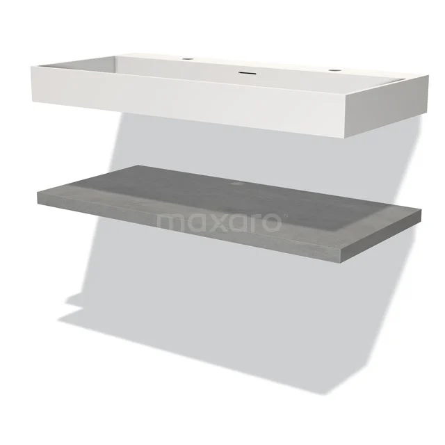 Badmöbel 100 cm Modulo hellgrauer Beton 1 Waschtischplatte Waschtischbecken Solid Surface BMW10-00083 Moderne weiße Badschrank mit schwebendem grauen Regal, minimalistisches Design, ideal für stilvolle Badezimmerlagerung.