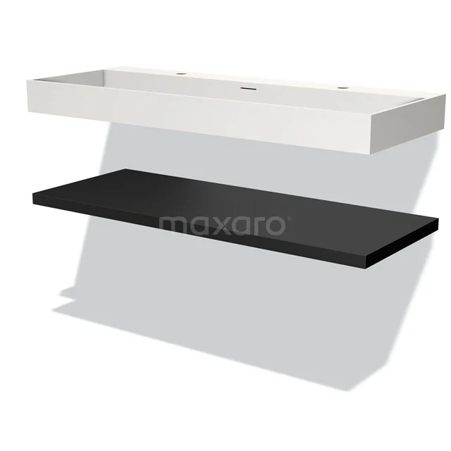 White rectangular basin with black floating shelf, modern design, ideal for a stylish bathroom layout.