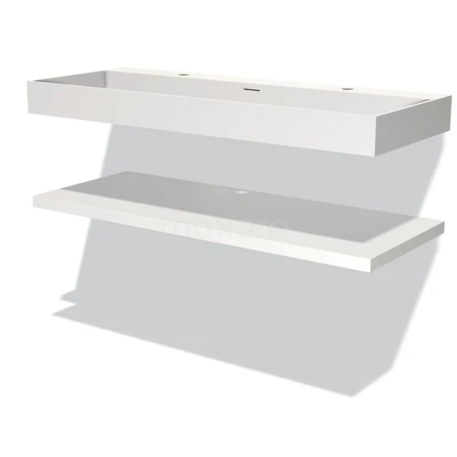 Weißes schwebendes Badezimmermöbel mit einer modernen minimalistischen Form, zwei Regalen und einer glatten Oberfläche für Stil und Funktionalität.