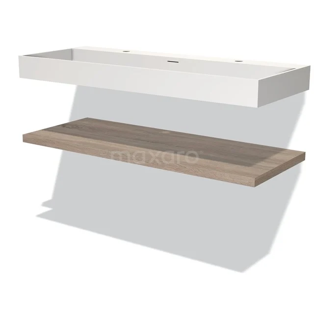 Minimalistisches Waschtischmöbel mit weißem Keramikwaschbecken und Holzregal, perfekt für einen modernen Badezimmerstil.