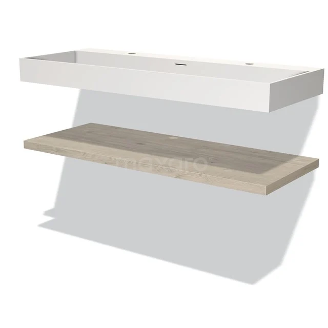 White ceramic basin worktop with wooden shelf, perfect for a modern bathroom style.