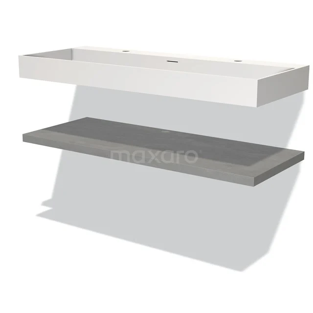 White ceramic basin worktop with grey matte wood shelf, modern design, ideal for a stylish and sleek bathroom design.