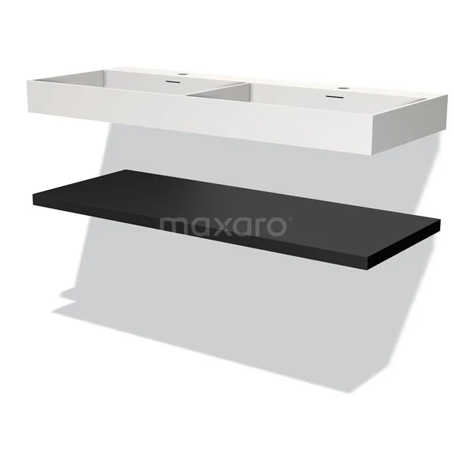 Vanity unit with double basin in white and black floating shelf, modern design perfect for a stylish bathroom.