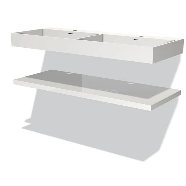 Weißes Badezimmermöbel mit Doppelwaschbecken und Glasregal, modernes Design der Elegance-Serie.