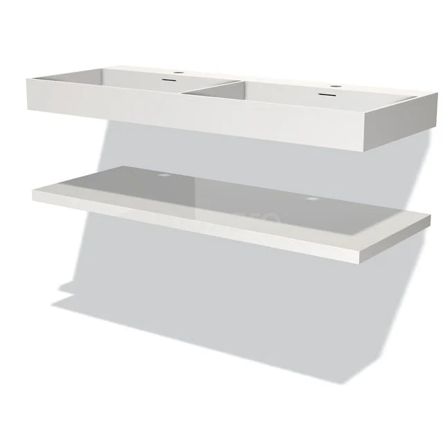 Weißes Badezimmermöbel mit Doppelwaschbecken und Glasregal, modernes Design der Elegance-Serie.