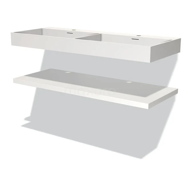 Weiße Doppelwaschbecken mit klarem Design, aus Keramik gefertigt, ideal für moderne Bäder.