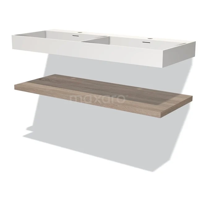 Double basin with white ceramic and wooden shelf, modern bathroom design, ideal for spacious and elegant bathrooms.