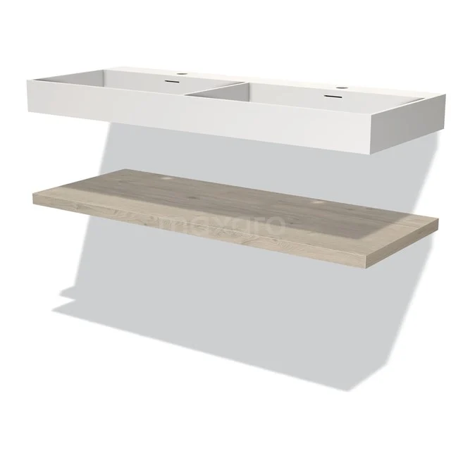 Doppelwaschbecken mit weißem keramischen Waschbecken und Holzregal, ideal für eine moderne Badezimmergestaltung.