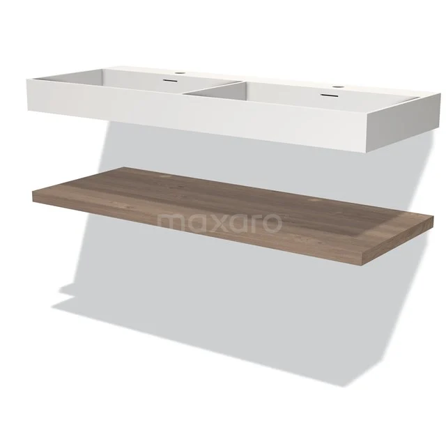 Wall-mounted white double basin with wooden shelf, ideal as a modern bathroom unit for a stylish bathroom.