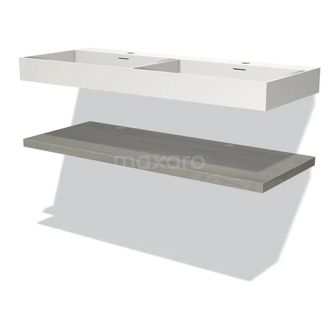 Badmöbel 120 cm Modulo Graue Eiche 1 Waschbecken Top Waschbecken Solid Surface BMW10-00110 Doppelwaschbecken mit schlichten, weißen keramischen Aufsatzwaschbecken und grauer Betonplatte, ideal für moderne Bäder.