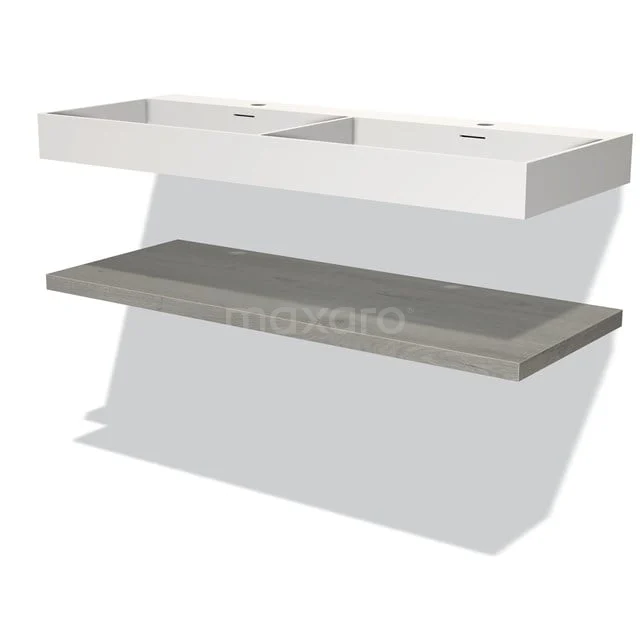 Double basin with sleek, white ceramic countertop wash basin and grey concrete shelf, ideal for modern bathrooms.