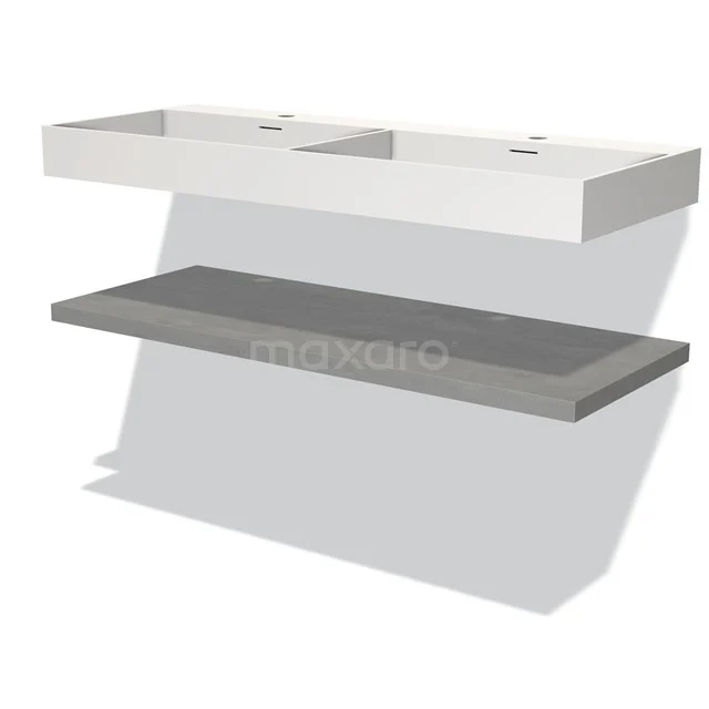White ceramic double basin worktop with grey wooden shelf, perfect for modern bathroom fittings.