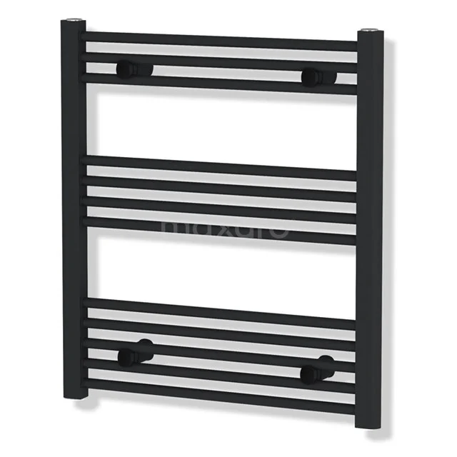 Schwarzer Handtuchheizkörper mit horizontalen Streben, modernem Design und kompakter Größe, perfekt für die Badezimmerheizung.