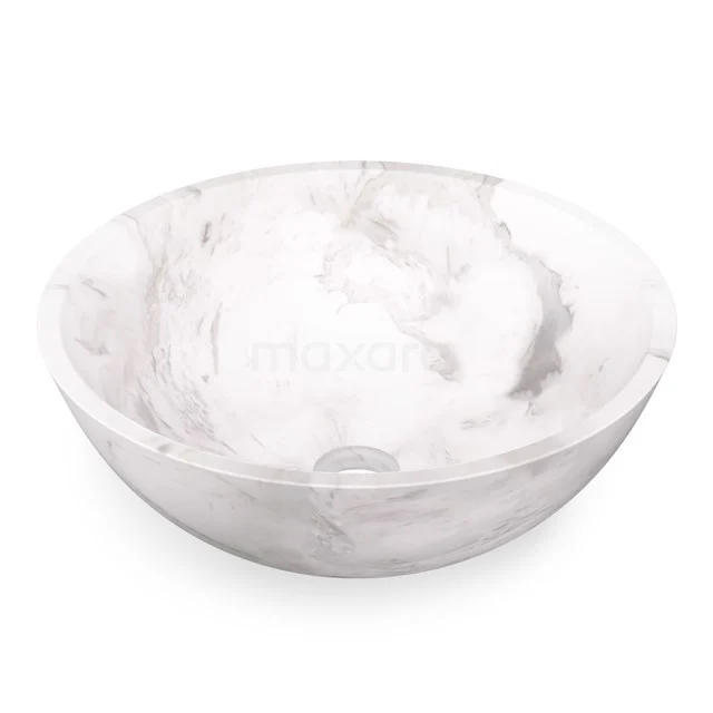 Runde Marmor Aufsatzwaschbecken in Weiß-Grau Tönen, ideal als stilvolle Ergänzung zur Badezimmergestaltung.