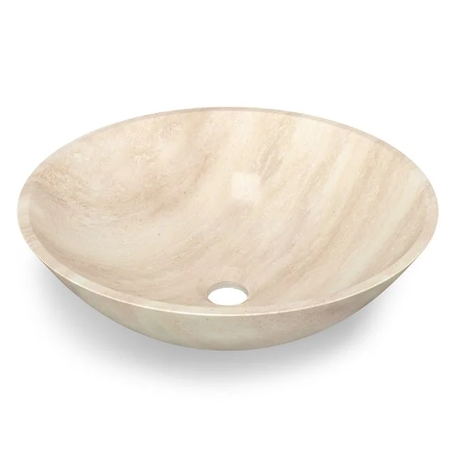 Runde, beige Marmor Waschbecken, glatte Oberfläche, ideal als stilvolle Ergänzung zu modernen Badezimmergestaltungen.