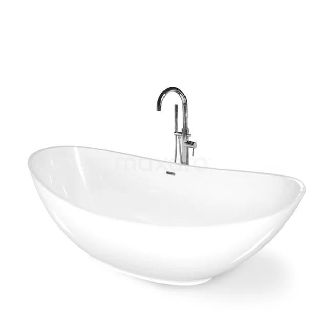 White oval freestanding bath, modern design, made of high-quality acrylic, perfect for luxurious bathroom style.