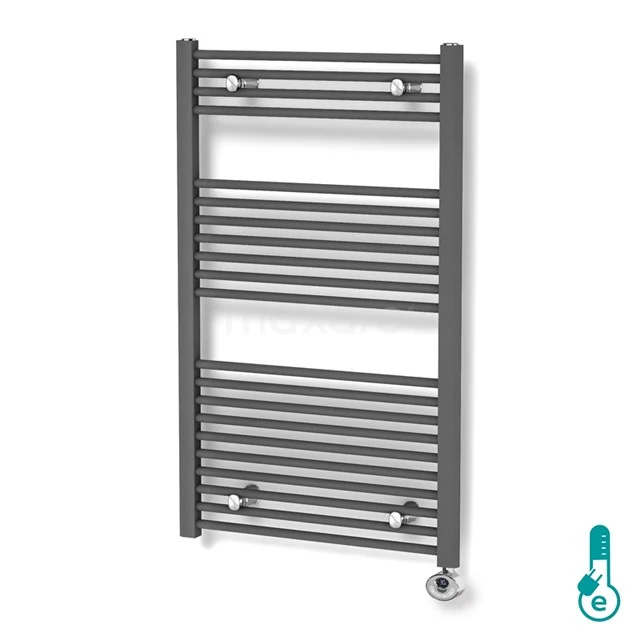 Grauer Handtuchheizkörper mit horizontalen Rohren, modernes Design, ideal für Heizung und Organisation im Badezimmer.