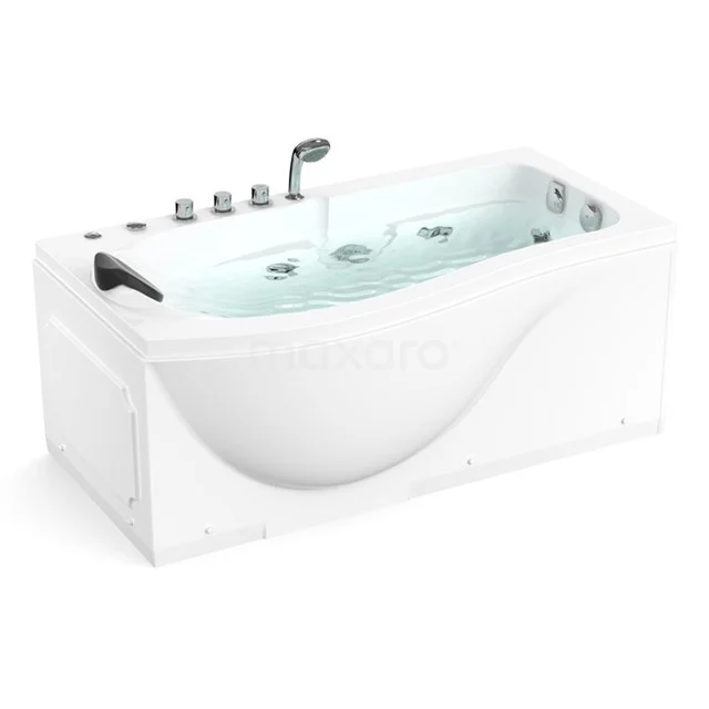 Whirlpool Bath Vortex Brass 1 Person Right 150x82cm Water massage W001-151BR White rectangular jacuzzi with massage jets, integrated armrest and chrome tap, perfect for luxurious bathroom comfort.