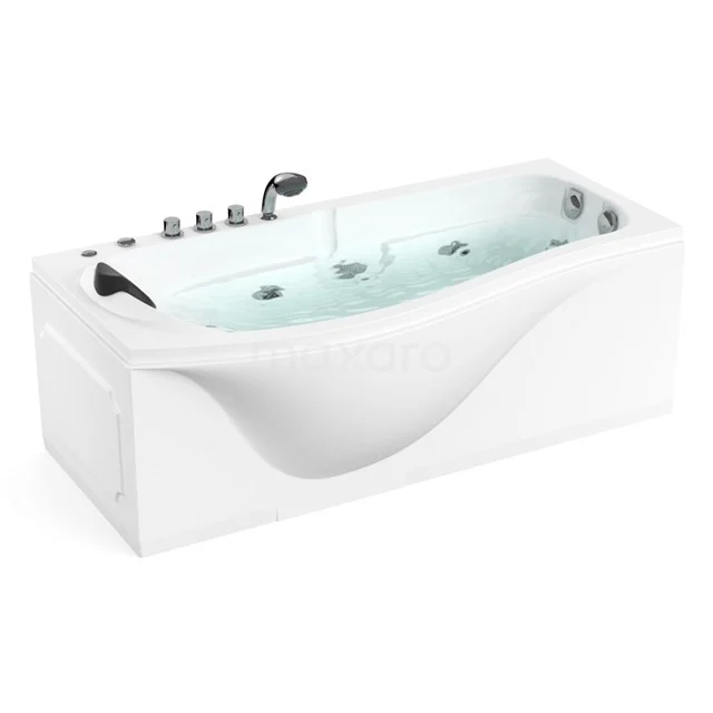 White whirlpool bathtub with curved design, integrated jets and chrome controls; luxurious addition to any bathroom.