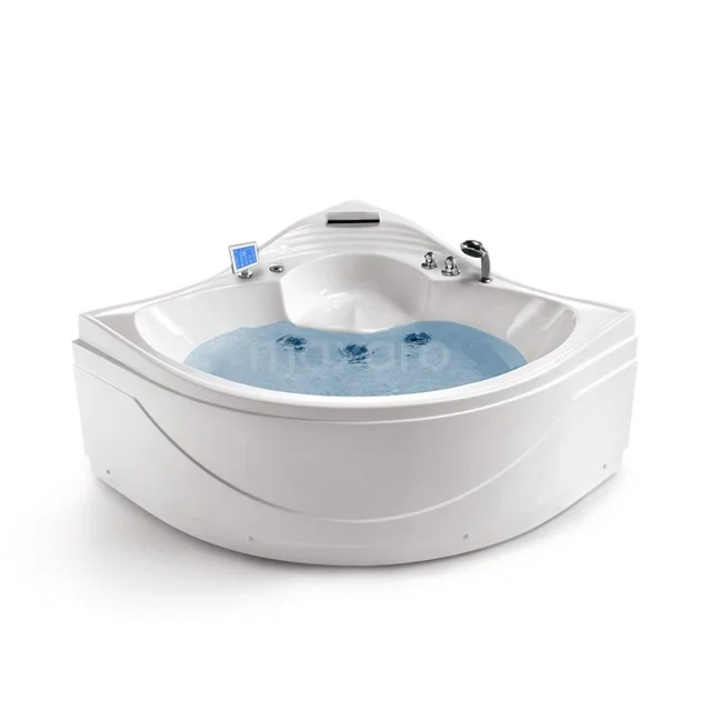 Eckförmige weiße Whirlwanne mit modernen Massagefunktionen und blauem Wasser, ideal für luxuriöse Entspannung im Badezimmer.