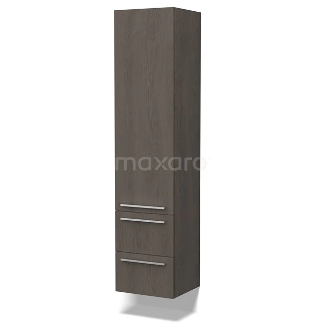 Hoher Badschrank Holzoptik, dunkelbraun, 2 Schubladen und 1 Tür, ideal zum Verstauen in modernen Badezimmerinterieurs.