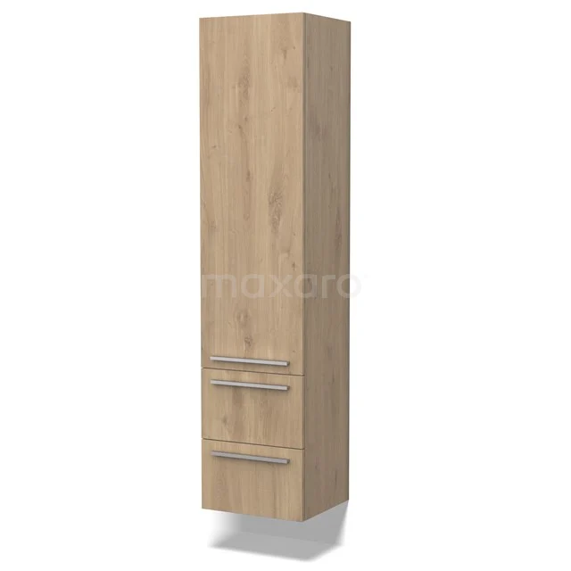 Holz-Badschrank mit zwei Schubladen und einer Tür, ausgeführt in einer warmen Eichenoptik, ideal für praktischen Stauraum.