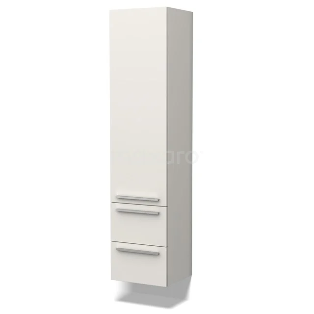 Weißer hoher Badschrank mit drei grifflosen Schubladen, schlanker Form und modernem Design. Perfekt für kompakte Badezimmerlagerung.