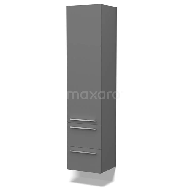 Dunkelgrauer hoher Badschrank mit doppelter Schublade, schlichten Haltegriffen und einem modernen, minimalistischen Design.