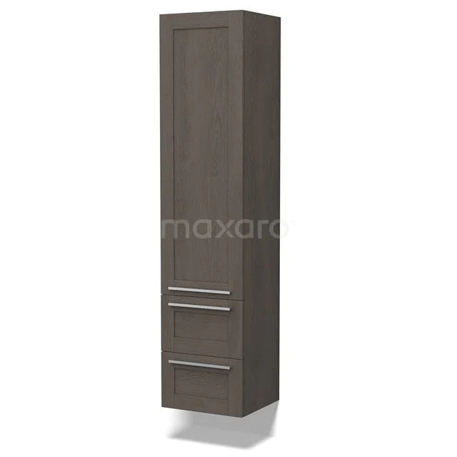 Dunkelbrauner Badschrank, hohes Modell mit Paneelen und Metallgriffen, ideal für Stauraum in einem stilvollen Badezimmer.
