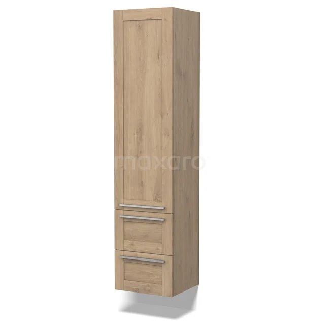 Hoher Badschrank Holzoptik mit einer Tür und zwei Schubladen, modernes Design und praktischer Stauraum für jedes Badezimmer.