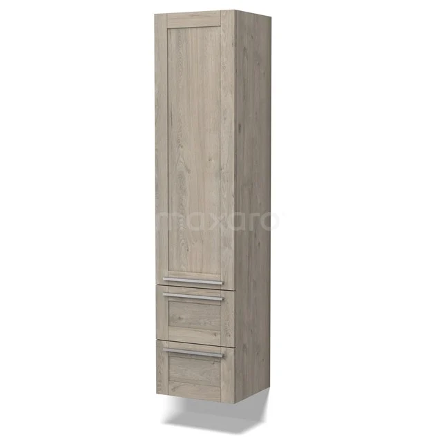 Hohen Badschrank Holzoptik mit zwei Schubladen und einer Tür, ideal für stilvollen Stauraum in einem modernen Badezimmer.