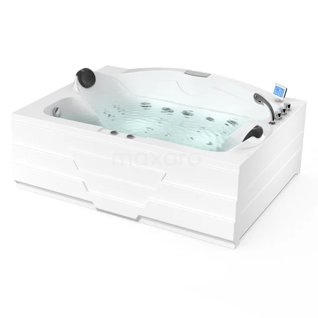 Weiße Jacuzzi mit rechteckigem Design, entspannenden Wasserdüsen und eingebauten Kopfstützen; perfekt für luxuriösen Badezimmerkomfort.