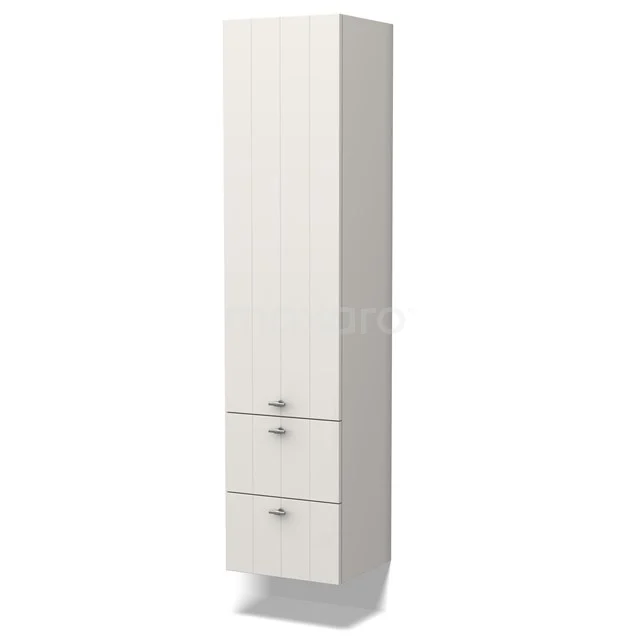 Weiße schmale Badschrank mit zwei Schubladen und einer Tür, stehende Ausführung, minimalistisches Design, perfekt für kompakte Badezimmer.