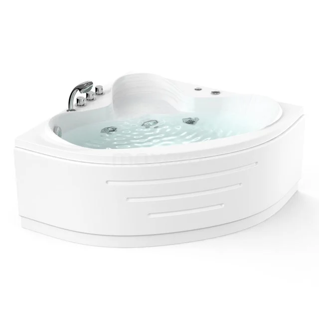 Eckbadewanne aus Acryl mit Hydromassagesystem, ideal für luxuriöse Badezimmergestaltung, mit gebogener Kante und integrierter Armatur.