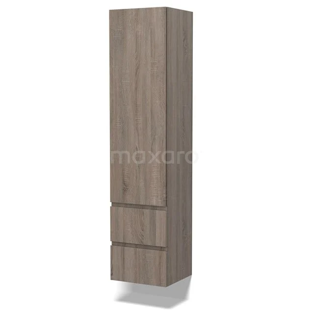 Hoher Badschrank aus Holzoptik mit drei Schubladenpaneelen, schicker Verarbeitung und modernem Design für stilvolles Verstauen.