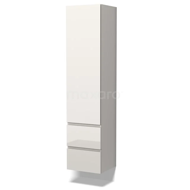 Weiße hohe Badschrank mit glänzender Oberfläche, zwei Schubladen und Tür, ideal zum Verstauen in einem modernen Badezimmer.