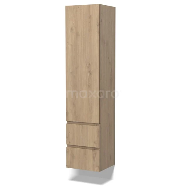 Badschrank Lungo 170x40cm Hellbraune Eiche 1 Tür Grifflos BKK10-00056 Hoher Badschrank aus Eiche mit zwei Schubladen und einer Tür, modernes Design und warme Holzfarbe, ideal für Badezimmerlagerung.