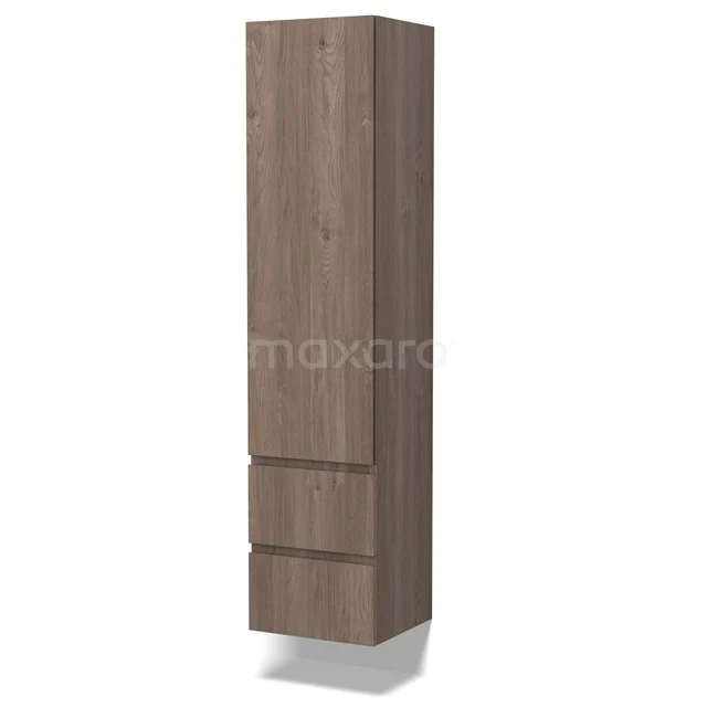 Hoge badkamerkast houtlook bruin met twee lades en een deur, ideaal voor stijlvolle en praktische badkameropslag.