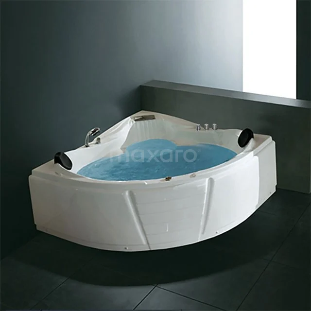 Vortex Komplett Eckbadewanne 150x150cm 2 Personen Thermostatarmatur W008-151AM Weißes Eckbadewanne mit eingebauten Massagedüsen und schwarzen Kopfstützen, perfekt für ein luxuriöses Badezimmererlebnis.