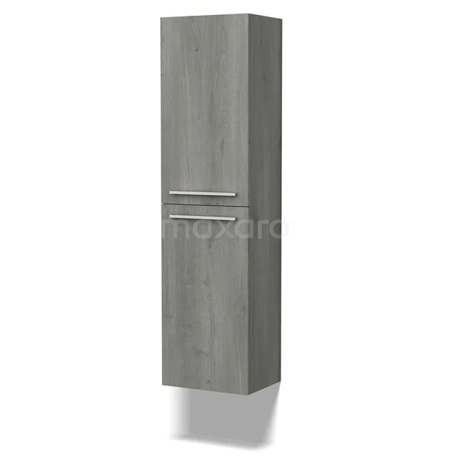 Grande Badschränke | 150 cm Graue Eiche Flach front 4 Fächer BKK35-00029 Grauer Badschrank, hohes und schlankes Design, Holzoptik, zwei Türen mit metallischen Haltegriffen, ideal für zusätzlichen Stauraum.