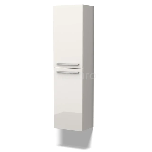 Badschrank Grande 150x40cm Hochglanz Weiß 2 Türen Flach BKK35-00007 Weißer hoher Badschrank mit glänzender Oberfläche, zwei silberfarbigen Haltegriffen und einem schlanken modernen Design.