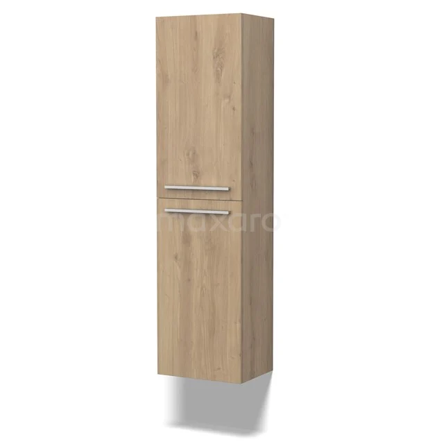 Hoher Badschrank aus hellem Eichenholz mit zwei Türen und metallenen Haltegriffen, ideal für stilvollen Stauraum im Badezimmer.