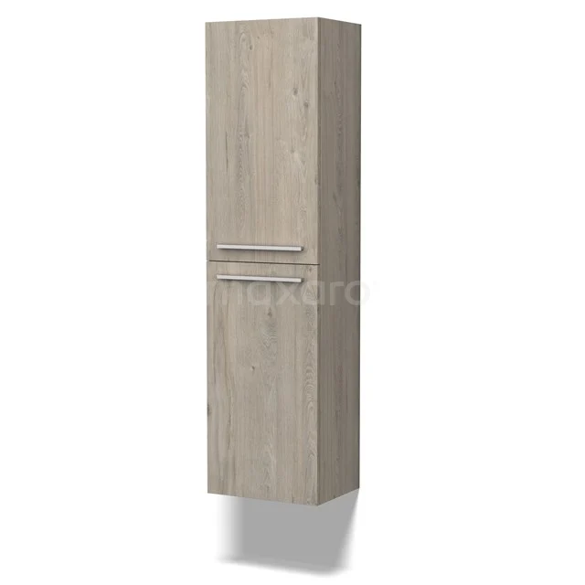 Hoher Holz-Badschrank mit natürlicher Holzstruktur, Wandmontage und modernem Design, ideal für zusätzlichen Stauraum.
