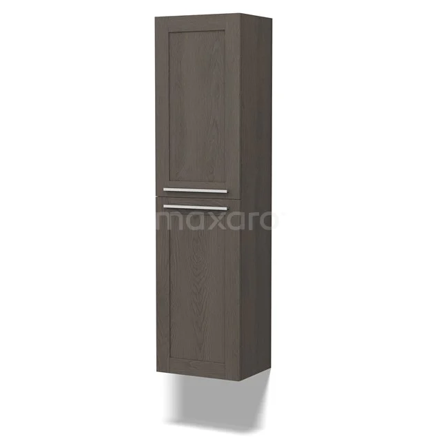 Dark wood Bathroom cabinet with single door and silver handle, ideal for stylish storage solutions in the bathroom.