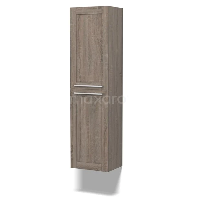 Badschrank Grande 150x40cm Eiche 2 Türen Rahmen BKK35-00020 Hohen Badschrank, Holzlook Eiche, mit modernem Türprofil und silbernem Haltegriff, ideal für Badezimmerlagerung.