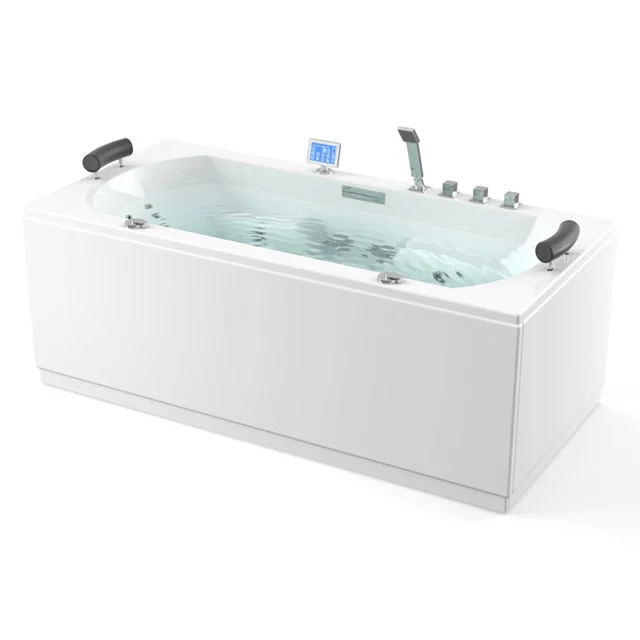 Weiße rechteckige Jacuzzi mit schwarzen Kopfstützen, verchromten Wasserhähnen und Massagedüsen, ideal für luxuriöse Entspannung im Badezimmer.