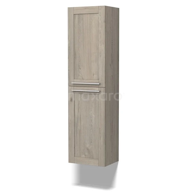 Wooden bathroom cabinet with oak look, slim tall cabinet with storage space and door, ideal for a stylish and organised bathroom.